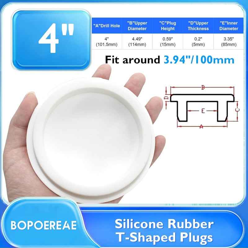 BOPOREAE سدادة مطاطية سيليكون 101.5 مم/4 بوصة لثقوب دائرية كبيرة 100 مم، سدادات مطاطية من النوع T مقاومة للماء، سدادات ثقوب مرنة ناعمة، أغطية نهايات أنابيب، بيضاء - Image 2